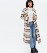 New Look White Check Brushed Double Breasted Maxi Coat